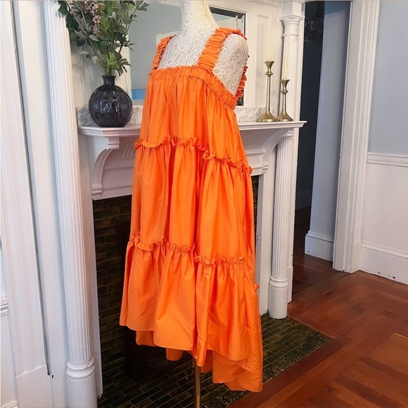 DEVOTION TWINS Bright Orange Cotton Poplin Sleeveless High-Lo Midi Dress OSFM - Picture 10 of 15